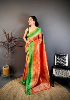 Red And Yellow Ethnic Motifs Silk Saree Set