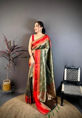 Green And Red Ethnic Motifs Silk Saree Set