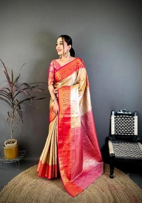 Beige And Red Floral Print Silk Saree Set