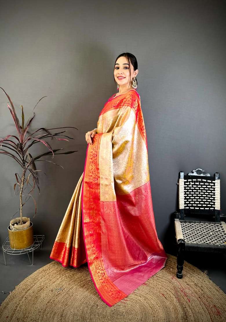Beige And Red Floral Print Silk Saree Set for Diwali and Festive Wear - Indya