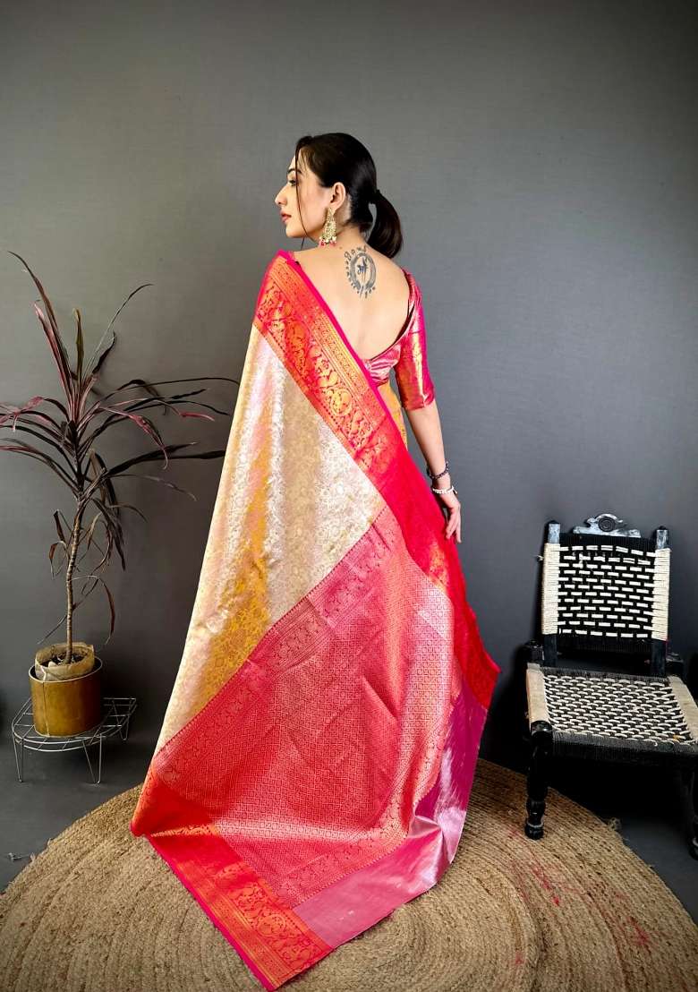 Beige And Red Floral Print Silk Saree Set for Diwali and Festive Wear - Indya