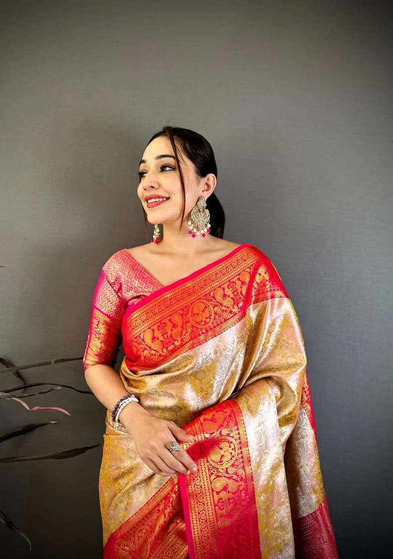 Beige And Red Floral Print Silk Saree Set for Diwali and Festive Wear - Indya