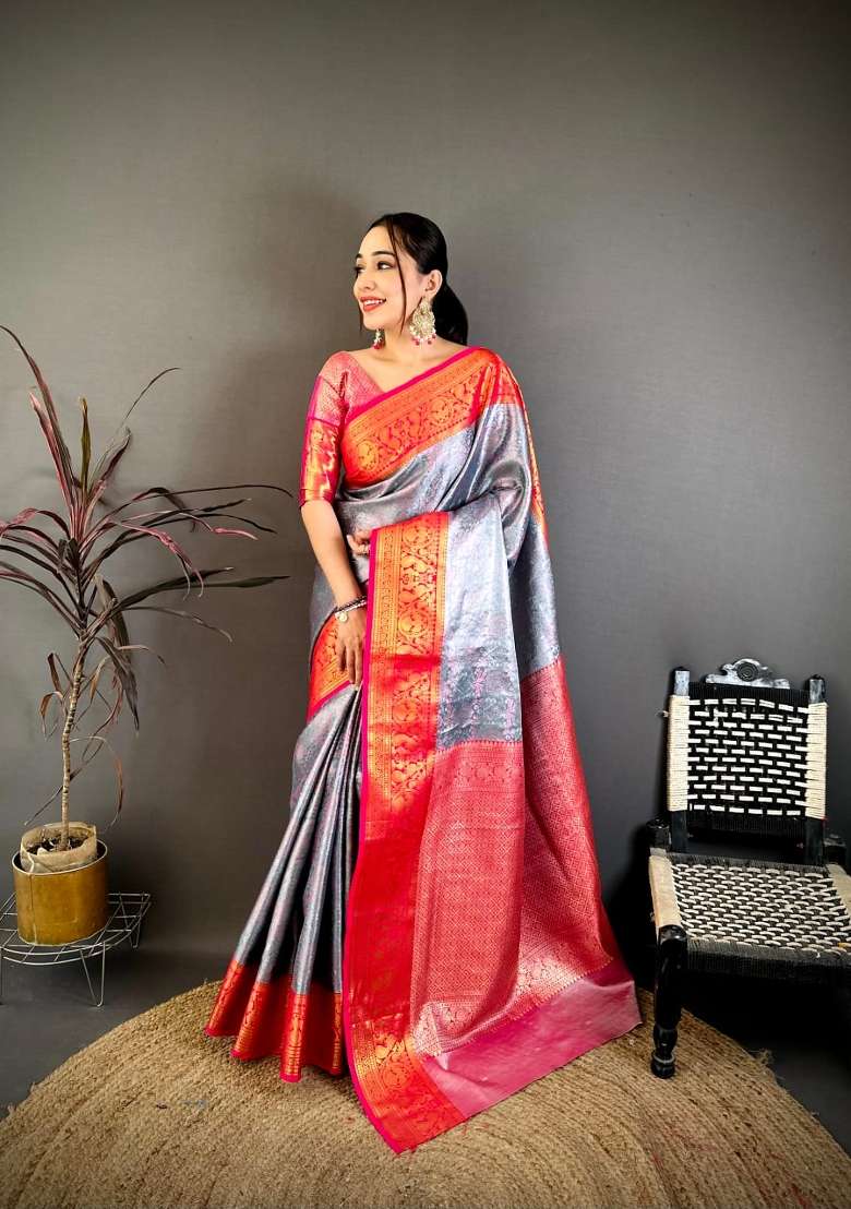 Silver And Red Floral Print Silk Saree Set for Diwali and Festive Wear - Indya
