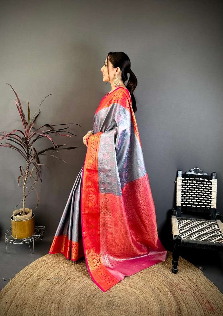 Silver And Red Floral Print Silk Saree Set for Diwali and Festive Wear - Indya