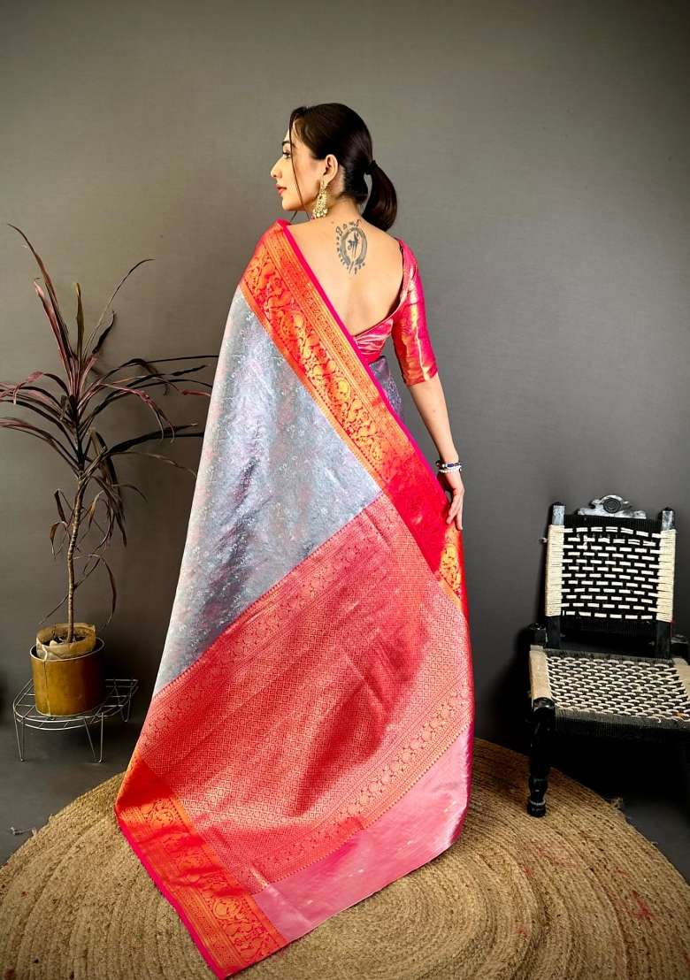 Silver And Red Floral Print Silk Saree Set for Diwali and Festive Wear - Indya
