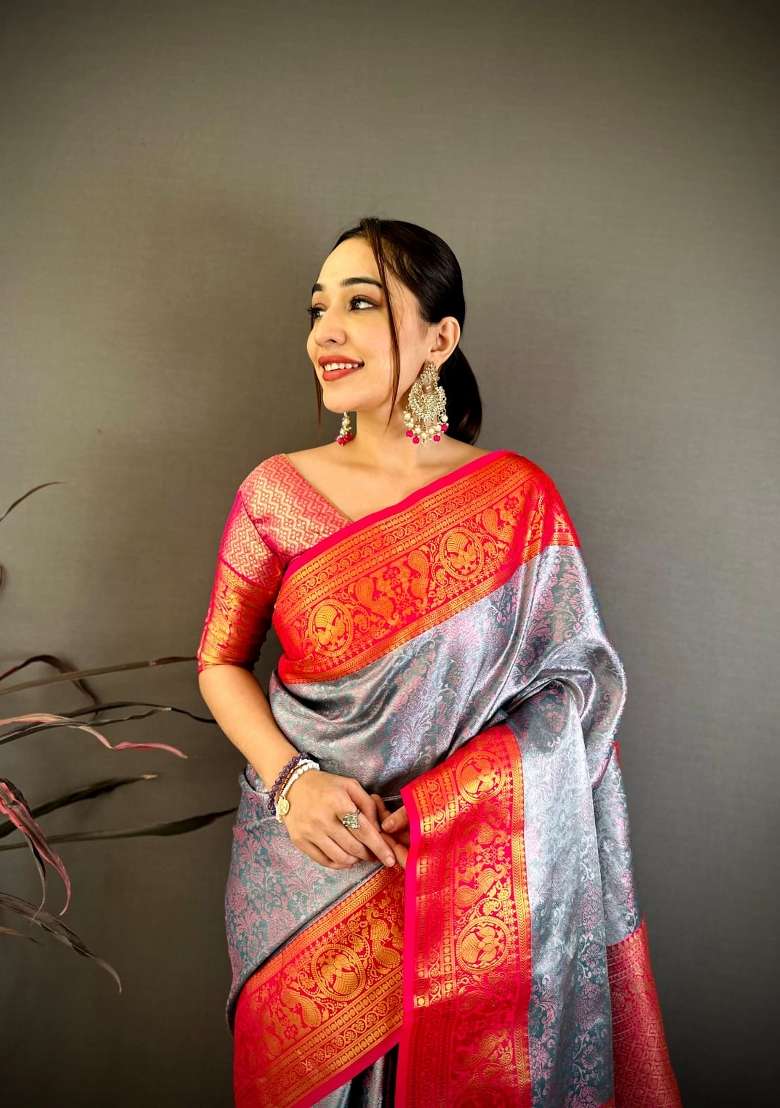 Silver And Red Floral Print Silk Saree Set for Diwali and Festive Wear - Indya