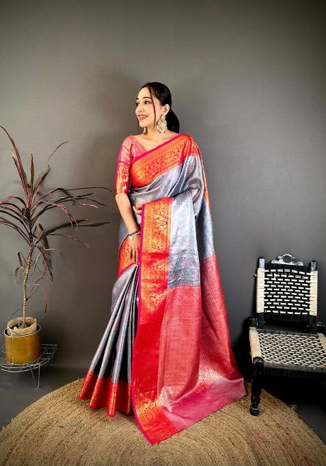 Silver And Red Floral Print Silk Saree Set