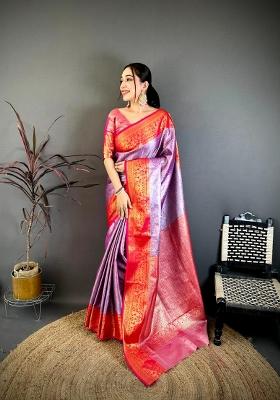 Purple And Red Floral Print Silk Saree Set