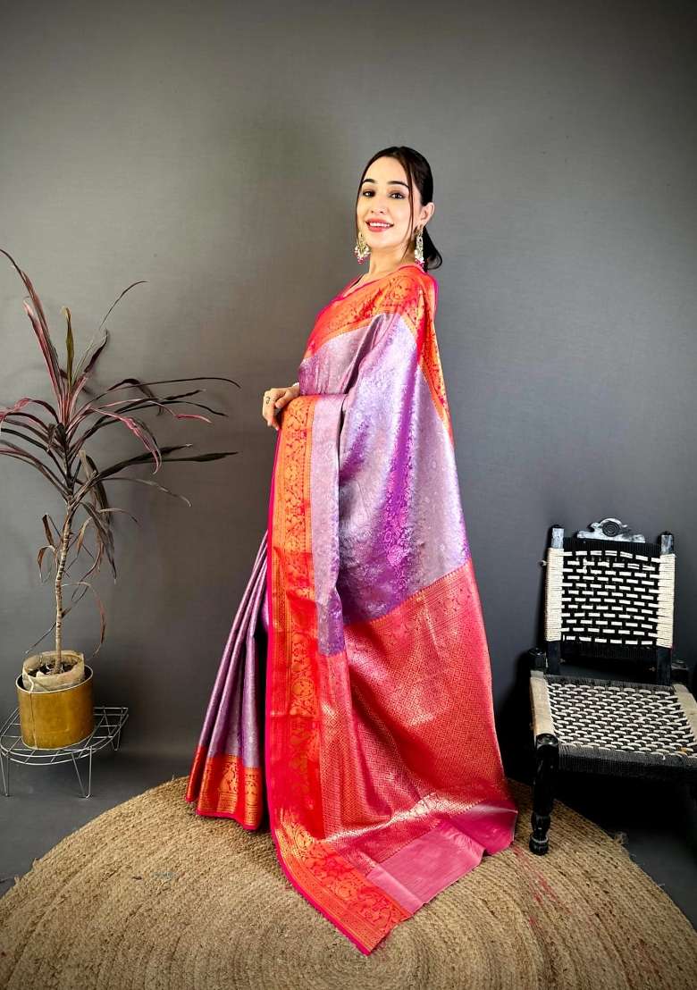 Purple And Red Floral Print Silk Saree Set for Diwali and Festive Wear - Indya
