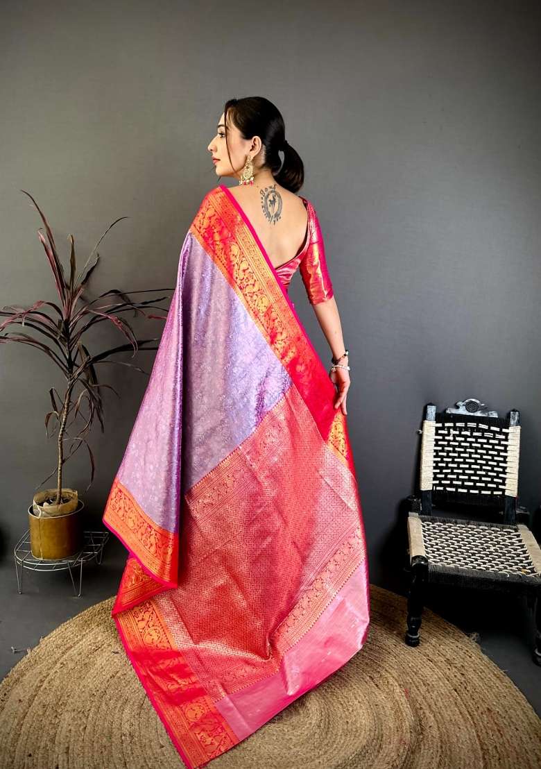 Purple And Red Floral Print Silk Saree Set for Diwali and Festive Wear - Indya