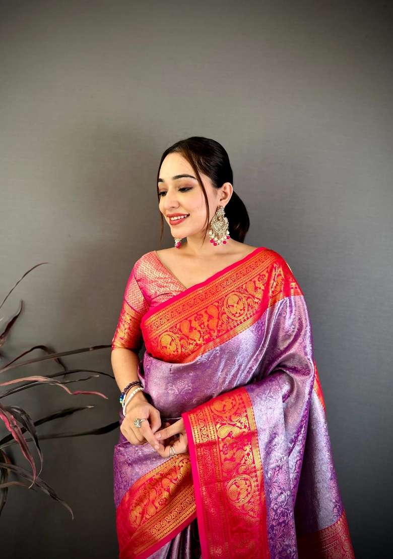 Purple And Red Floral Print Silk Saree Set for Diwali and Festive Wear - Indya