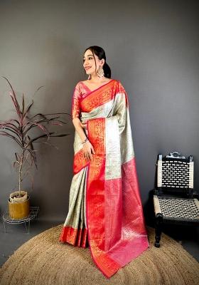 Cream And Red Floral Print Silk Saree Set
