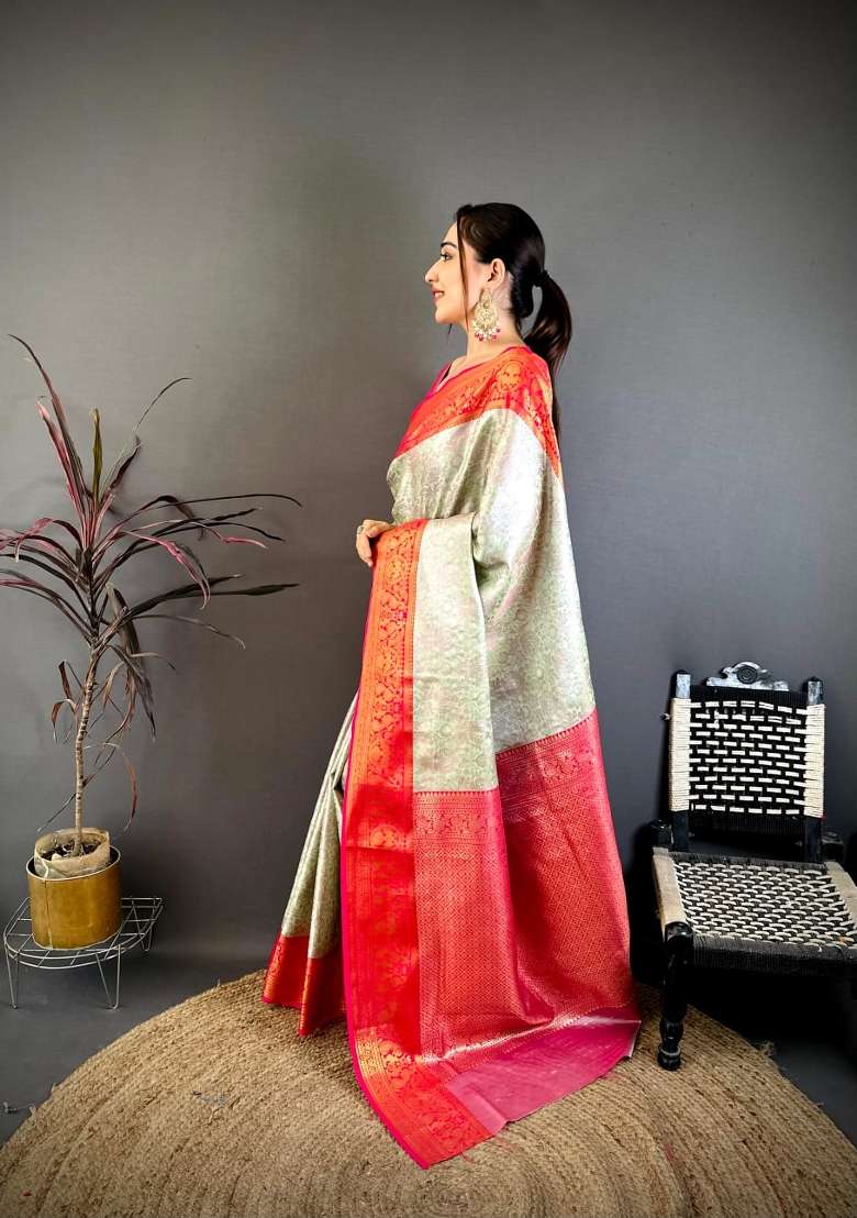 Cream And Red Silk Saree Set with Floral Print for Diwali | Wedding & Festive Wear - Indya