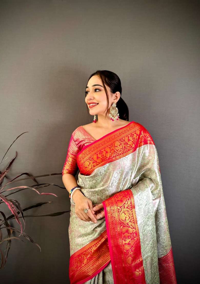 Cream And Red Silk Saree Set with Floral Print for Diwali | Wedding & Festive Wear - Indya