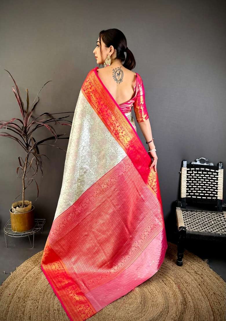 Cream And Red Silk Saree Set with Floral Print for Diwali | Wedding & Festive Wear - Indya