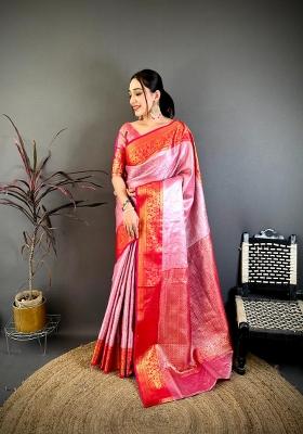 Pink And Red Floral Print Silk Saree Set