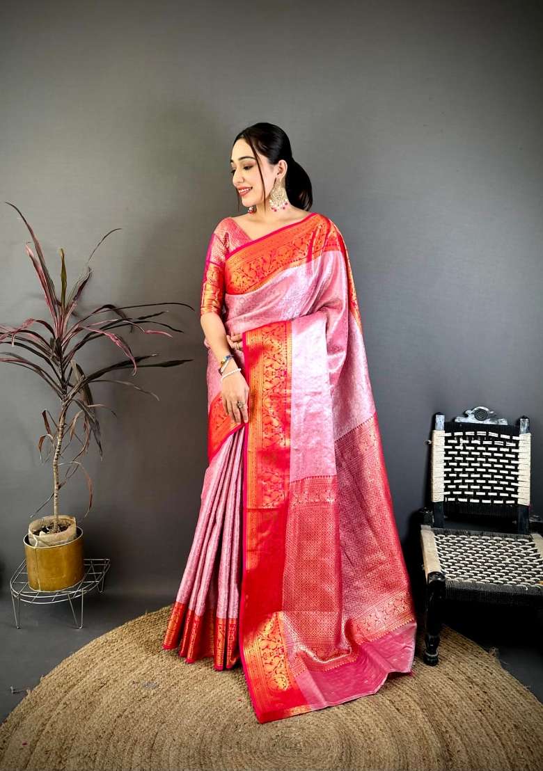 Pink And Red Floral Print Silk Saree Set for Diwali and Festive Wear - Indya