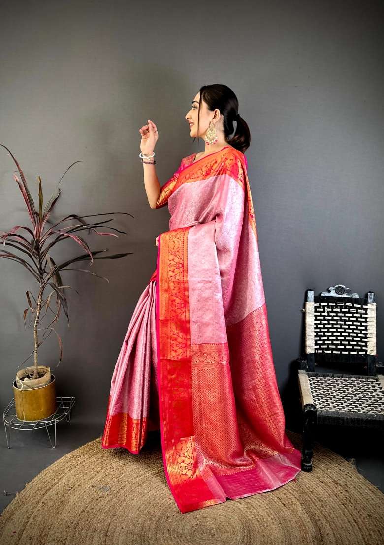 Pink And Red Floral Print Silk Saree Set for Diwali and Festive Wear - Indya