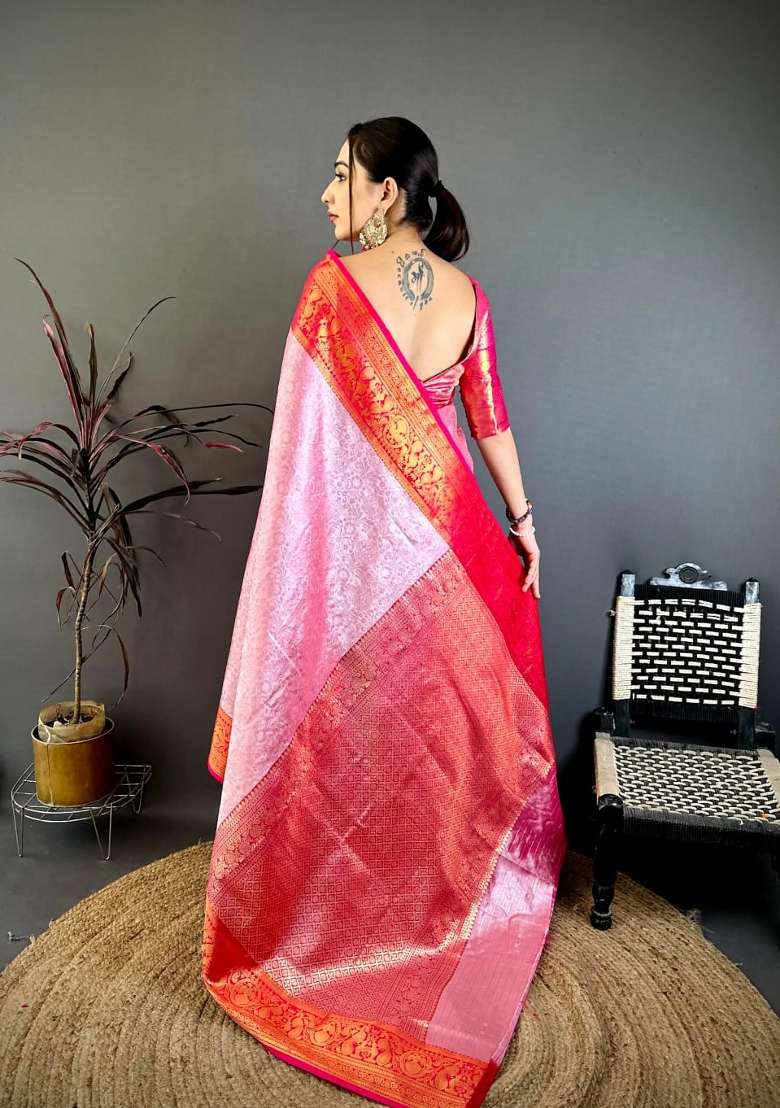 Pink And Red Floral Print Silk Saree Set for Diwali and Festive Wear - Indya