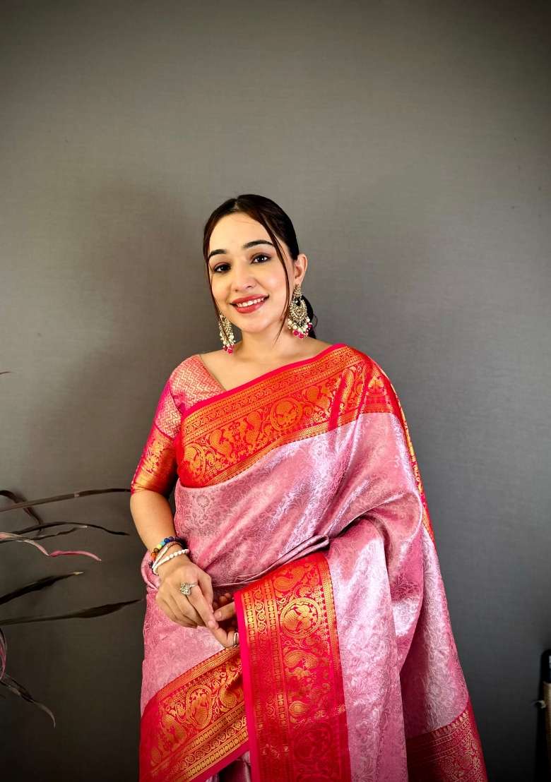 Pink And Red Floral Print Silk Saree Set for Diwali and Festive Wear - Indya