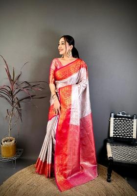 Off White And Red Floral Print Silk Saree Set