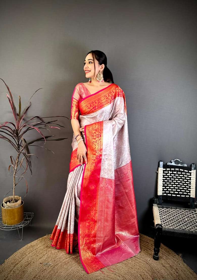 Off White And Red Silk Saree Set with Floral Print for Diwali | Wedding & Festive Wear - Indya