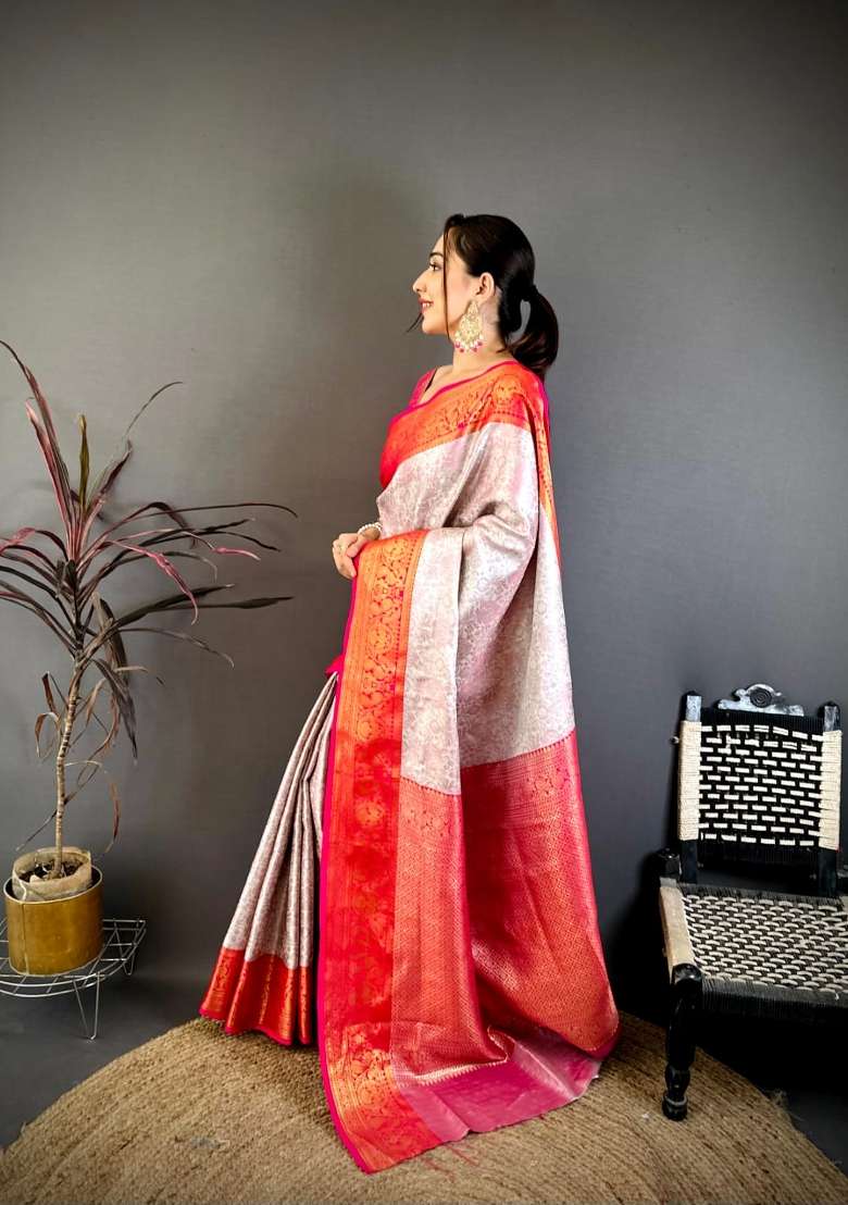 Off White And Red Silk Saree Set with Floral Print for Diwali | Wedding & Festive Wear - Indya