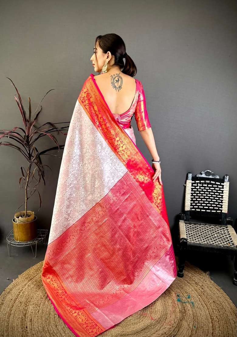 Off White And Red Silk Saree Set with Floral Print for Diwali | Wedding & Festive Wear - Indya