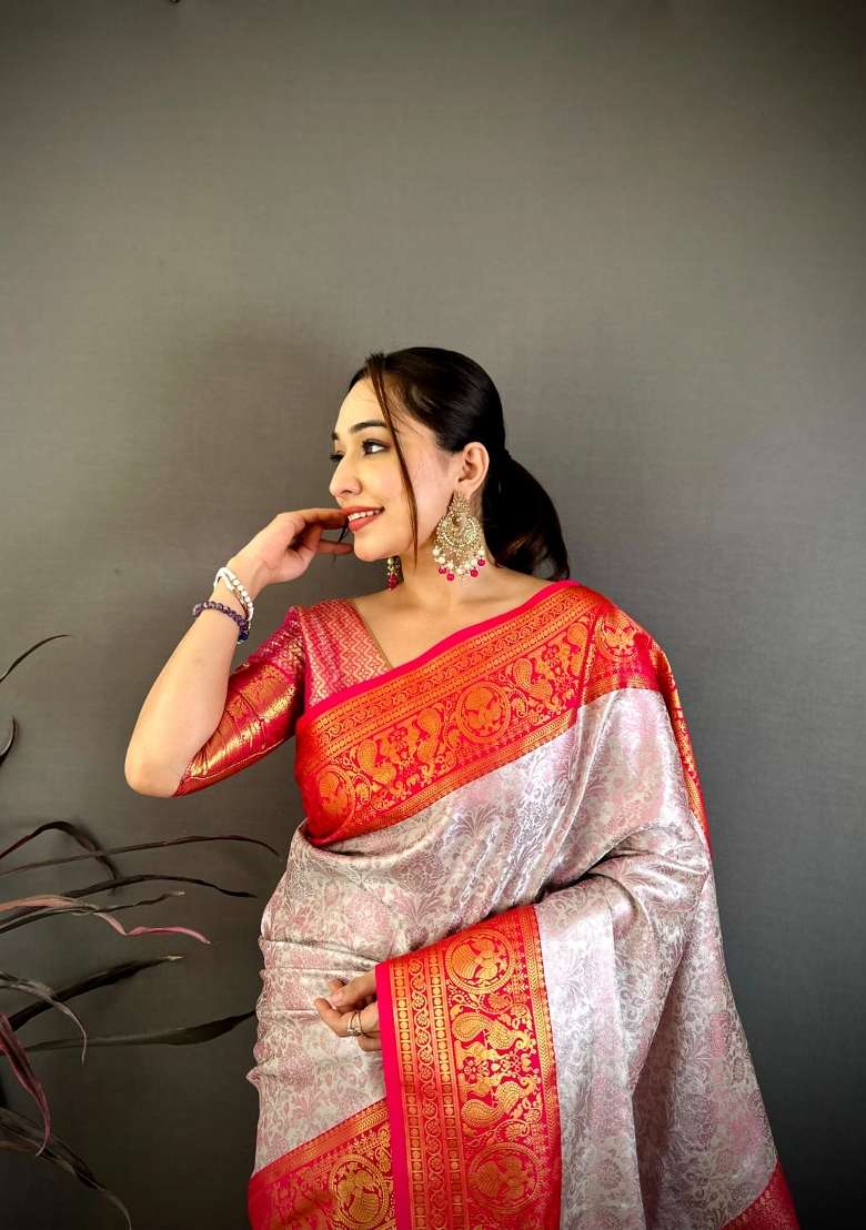 Off White And Red Silk Saree Set with Floral Print for Diwali | Wedding & Festive Wear - Indya