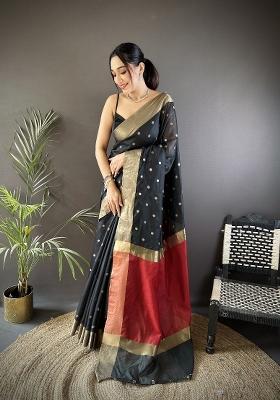 Black Polka Dot Silk Saree Set