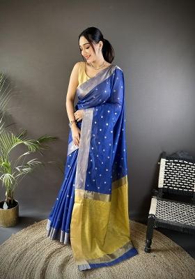 Royal Blue Polka Dot Silk Saree Set