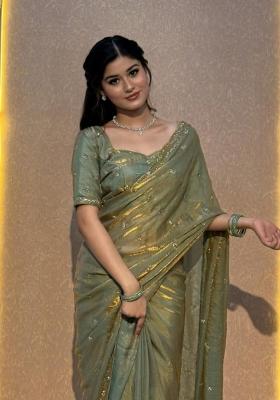 Rose Gold Embroidered Silk Saree Set
