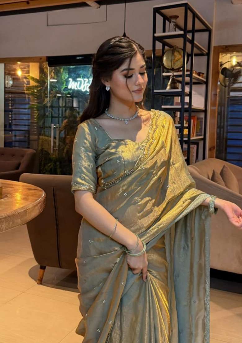 Rose Gold Embroidered Silk Saree Set - Indya
