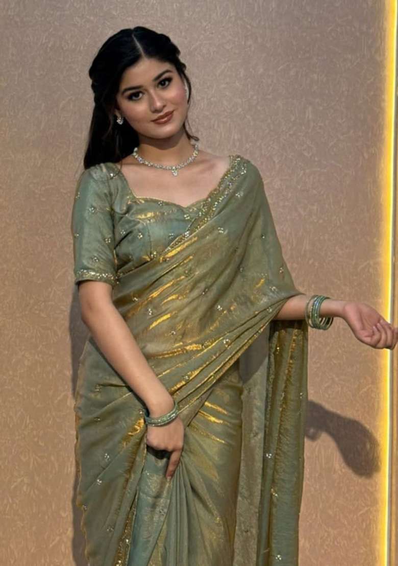 Rose Gold Embroidered Silk Saree Set - Indya