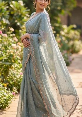 Grey Embroidered Silk Saree Set