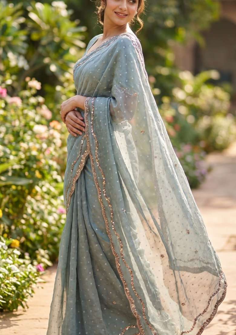 Grey Embroidered Silk Saree Set - Indya