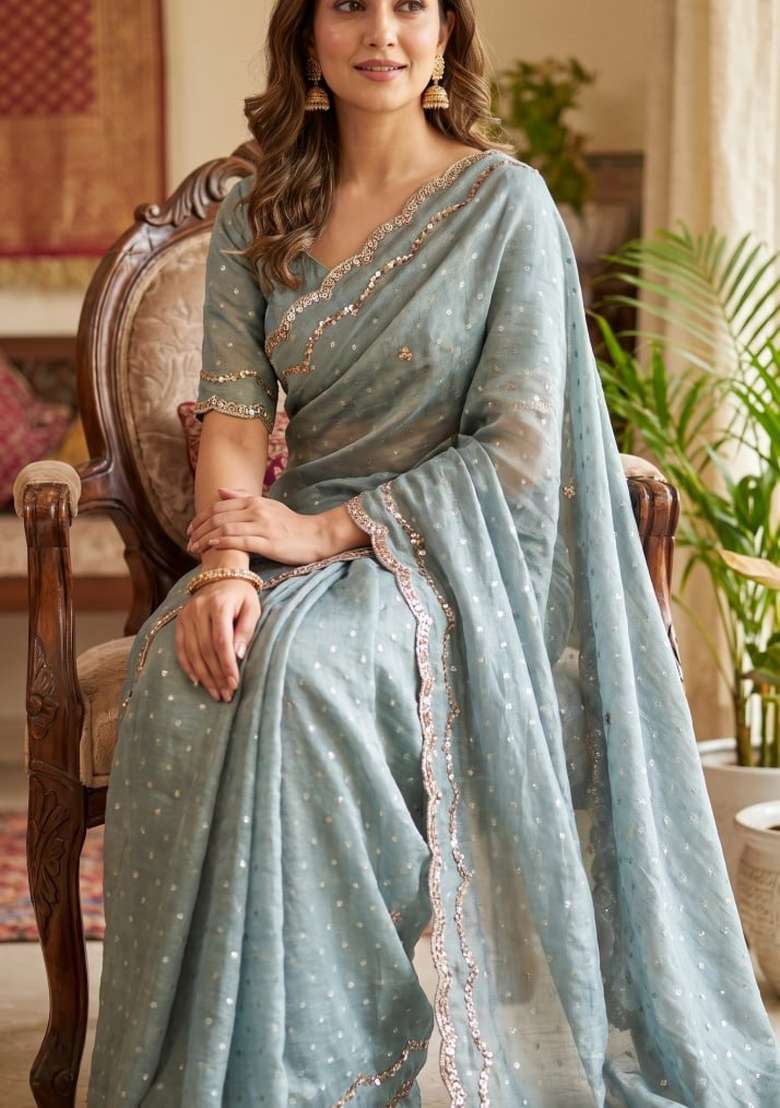 Grey Embroidered Silk Saree Set - Indya