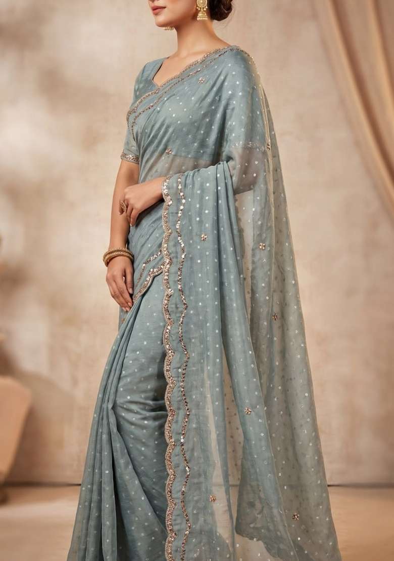 Grey Embroidered Silk Saree Set - Indya