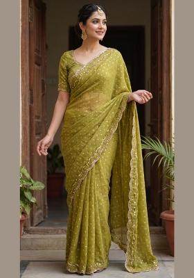 Mehendi Embroidered Silk Saree Set