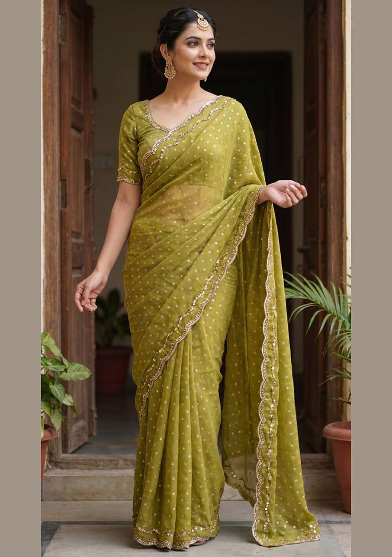 Mehendi Embroidered Silk Saree Set - Indya