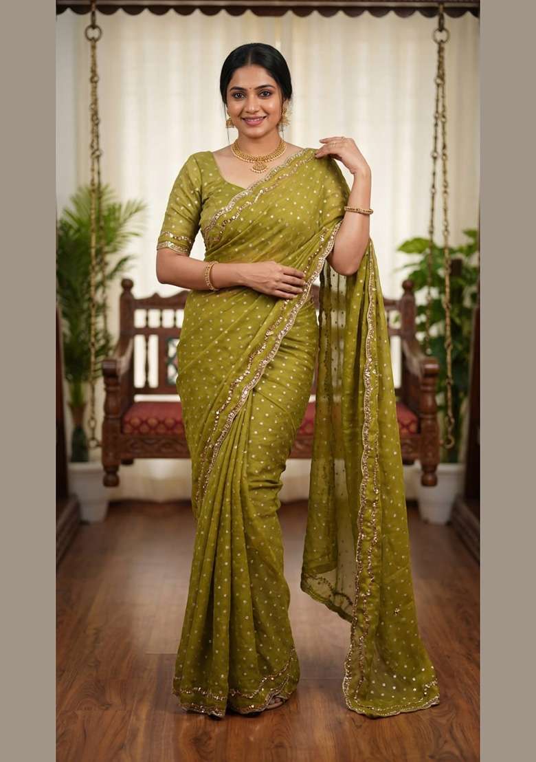 Mehendi Embroidered Silk Saree Set - Indya