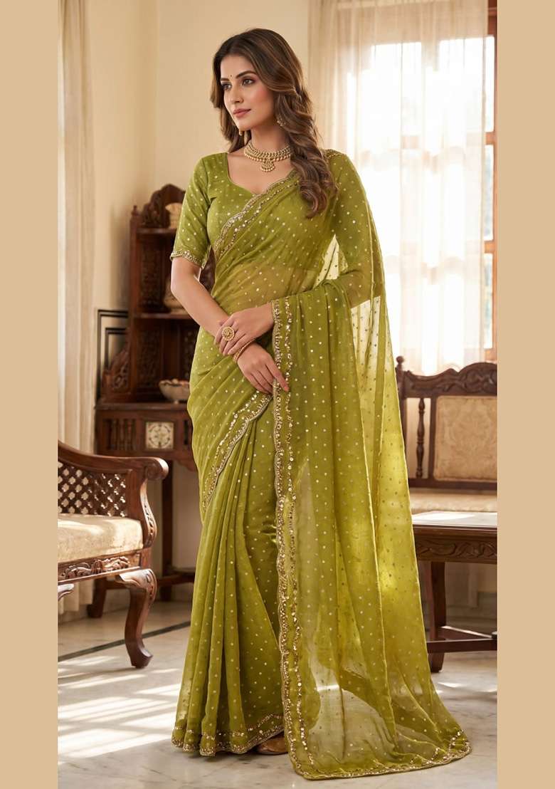 Mehendi Embroidered Silk Saree Set - Indya
