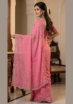 Pink Embroidered Silk Saree Set