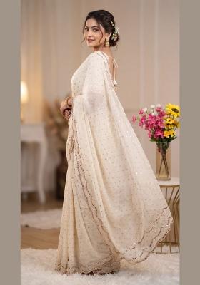 White Embroidered Silk Saree Set