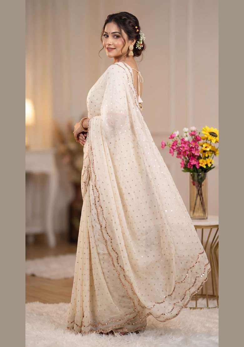 White Embroidered Silk Saree Set - Indya