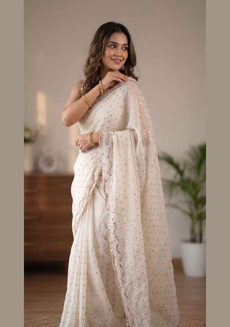 White Embroidered Silk Saree Set - Indya