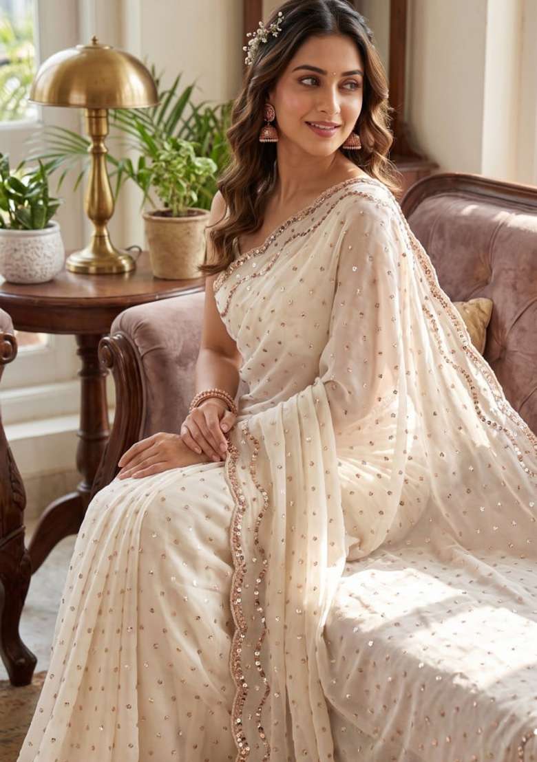 White Embroidered Silk Saree Set - Indya