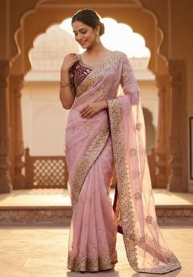 Pink Embroidered Silk Saree Set