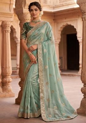 Pista Embroidered Silk Saree Set
