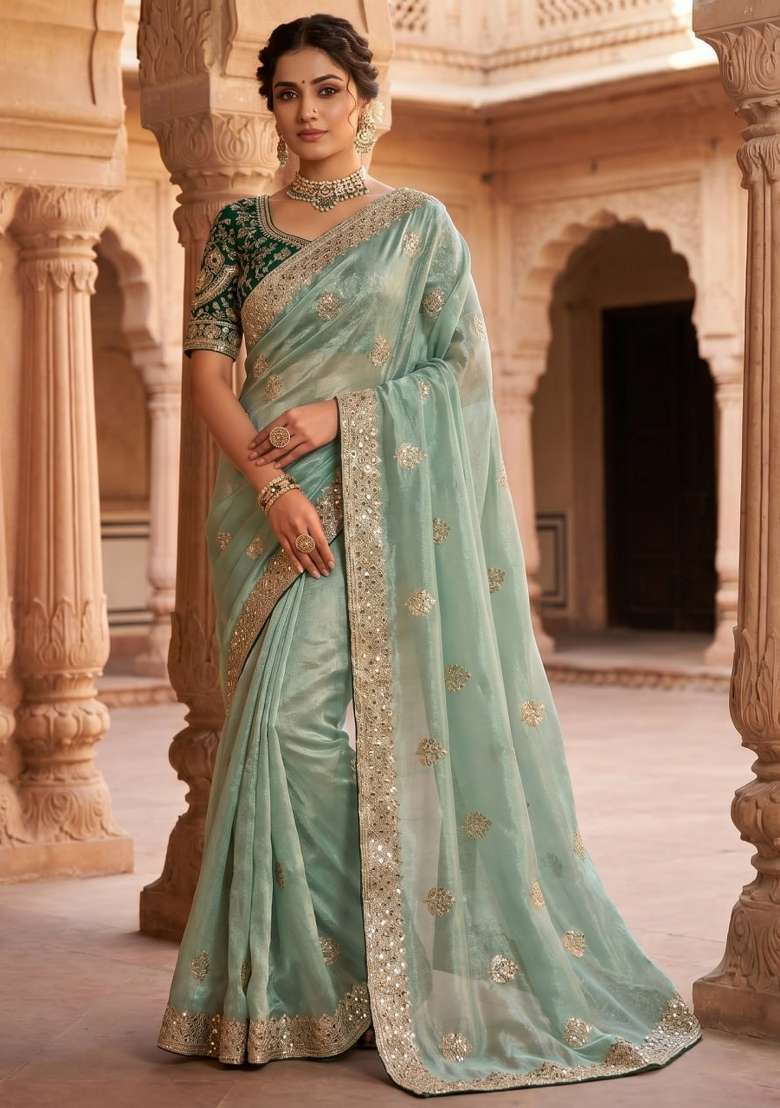 Pista Embroidered Silk Saree Set - Indya